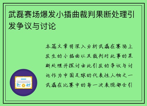 武磊赛场爆发小插曲裁判果断处理引发争议与讨论