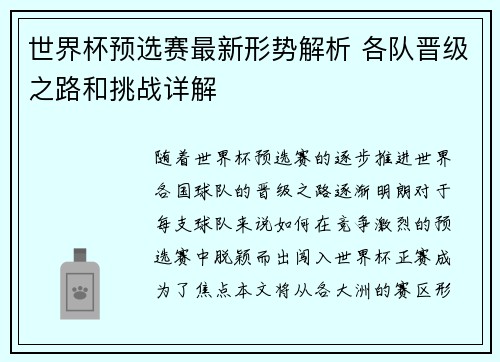世界杯预选赛最新形势解析 各队晋级之路和挑战详解